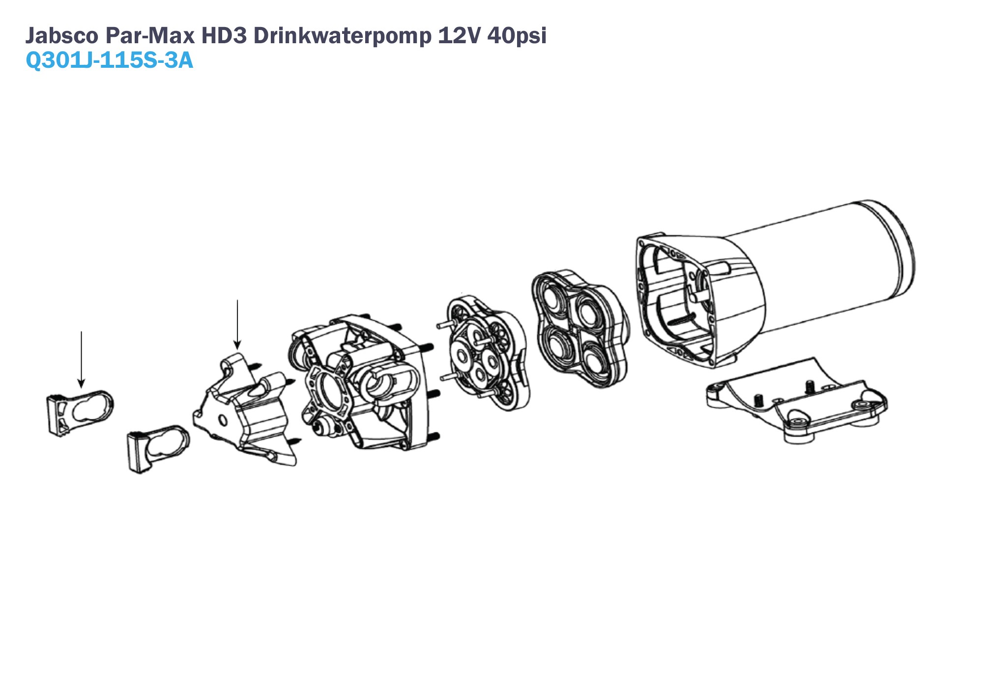 Jabsco Par Max HD3 drinkwaterpomp Q301J-115S-3A 12v 40psi Onderdelen