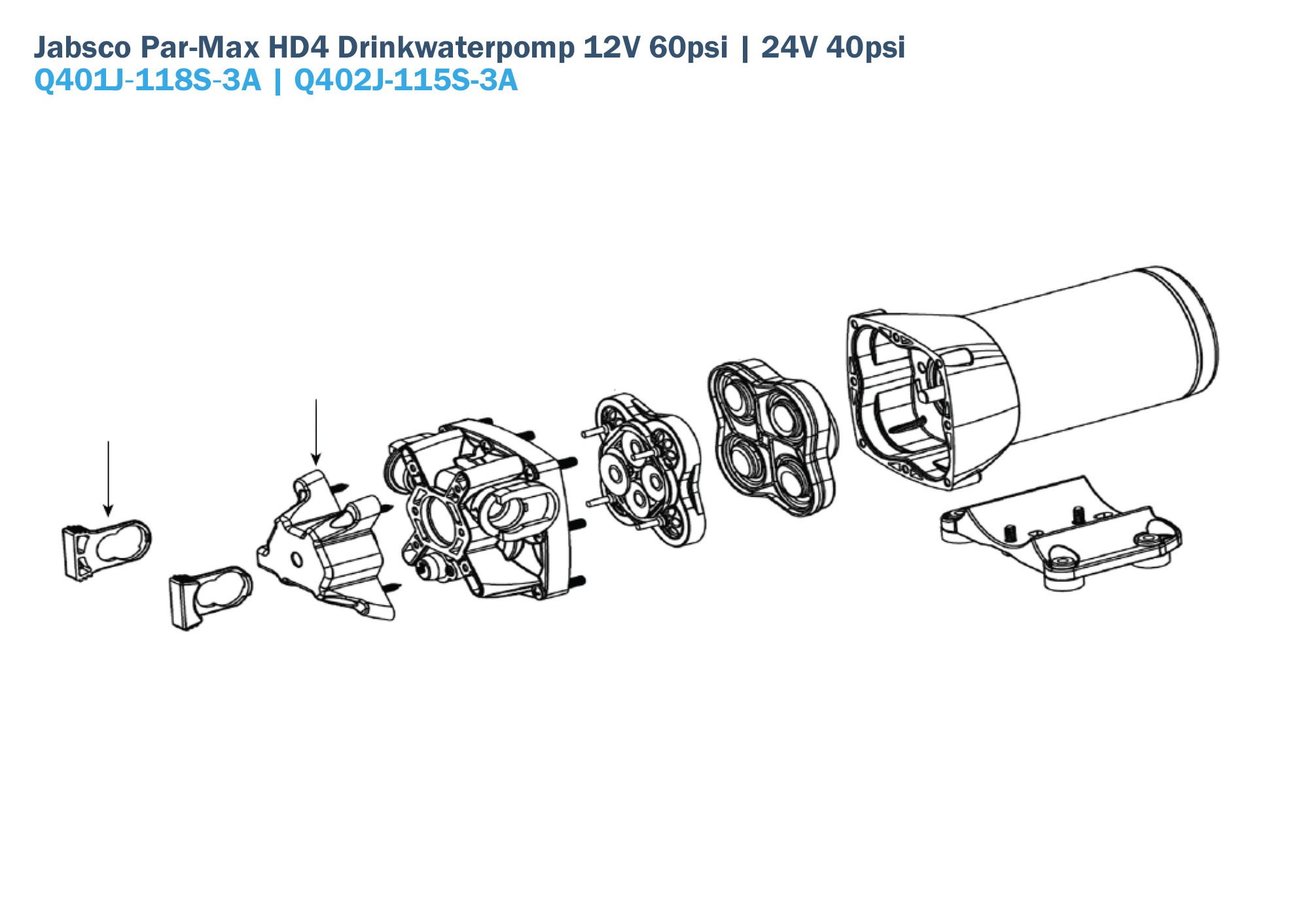 Jabsco Par Max HD4-drinkwaterpomp Q401J-118S-3A | Q402J-115S-3A Onderdelen